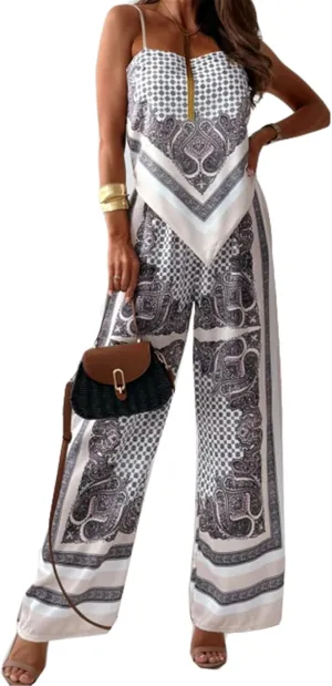 Women's Sexy 2 PCS Printed Lace Up Tank Tops Bodycon Wide Leg Pants Cocktail Party Outfits Tracksuit Set