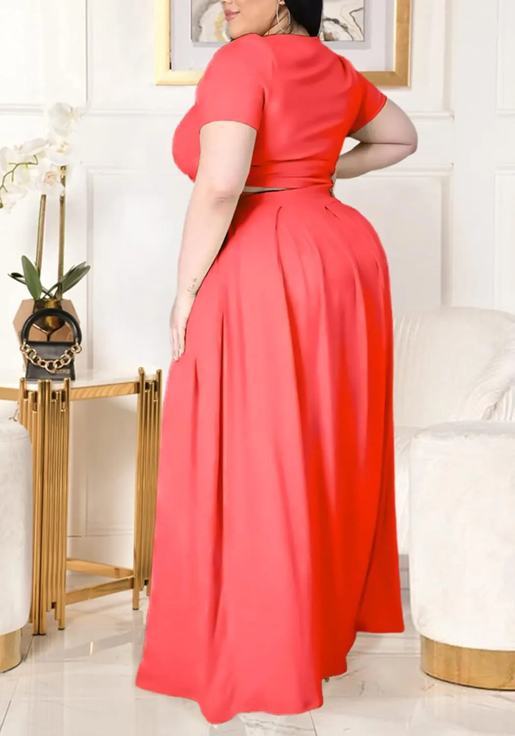 Womens Sexy Plus Size 2 Piece Dress Outfits Short Sleeve Bandage Wrap Empire Crop Tops and Skirt Sets