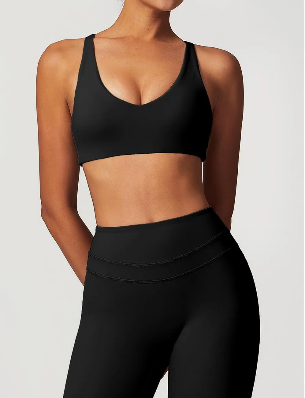 Womens Sexy V Neck Sports Padded Bra Criss Cross Back Adjustable Straps Workout Fitness Basic Tops Wireless Camisole