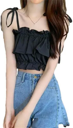 Women's Short Summer Vest Ruffled Camisole Top High Waist Sleeveless Open Navel Solid Color Pleated Thin Belt
