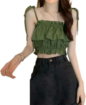 Women's Short Summer Vest Ruffled Camisole Top High Waist Sleeveless Open Navel Solid Color Pleated Thin Belt