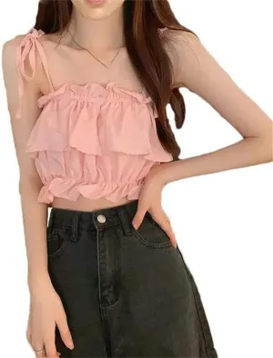 Women's Short Summer Vest Ruffled Camisole Top High Waist Sleeveless Open Navel Solid Color Pleated Thin Belt