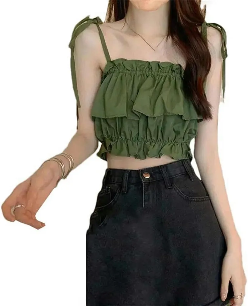 Women's Short Summer Vest Ruffled Camisole Top High Waist Sleeveless Open Navel Solid Color Pleated Thin Belt