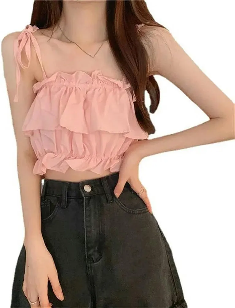 Women's Short Summer Vest Ruffled Camisole Top High Waist Sleeveless Open Navel Solid Color Pleated Thin Belt