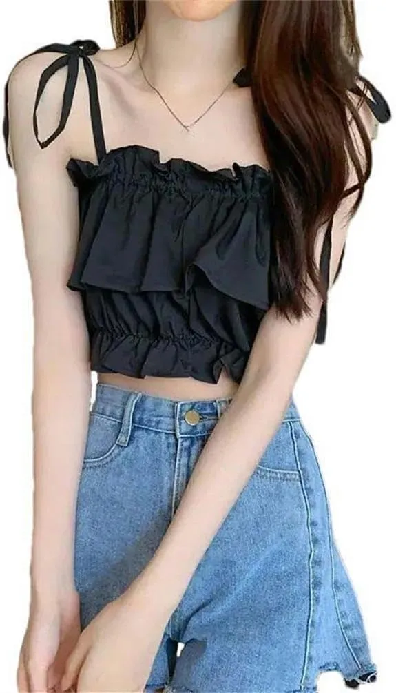 Women's Short Summer Vest Ruffled Camisole Top High Waist Sleeveless Open Navel Solid Color Pleated Thin Belt