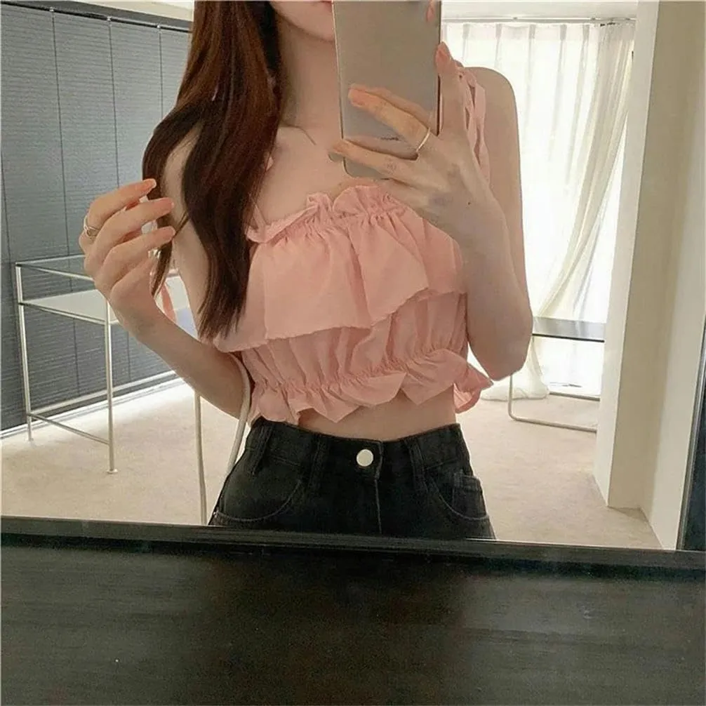 Women's Short Summer Vest Ruffled Camisole Top High Waist Sleeveless Open Navel Solid Color Pleated Thin Belt