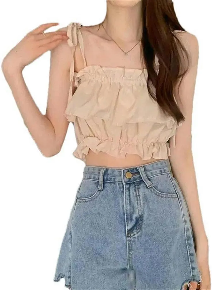 Women's Short Summer Vest Ruffled Camisole Top High Waist Sleeveless Open Navel Solid Color Pleated Thin Belt