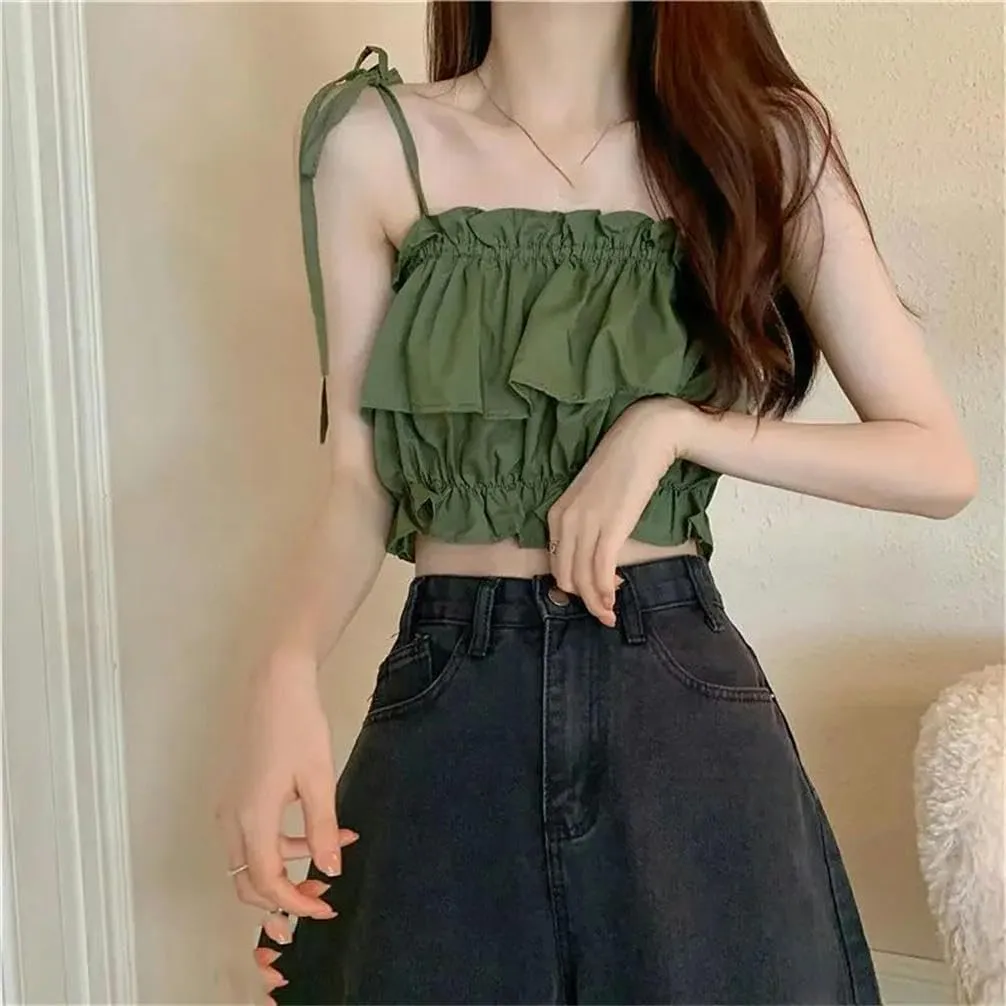 Women's Short Summer Vest Ruffled Camisole Top High Waist Sleeveless Open Navel Solid Color Pleated Thin Belt