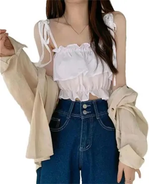 Women's Short Summer Vest Ruffled Camisole Top High Waist Sleeveless Open Navel Solid Color Pleated Thin Belt