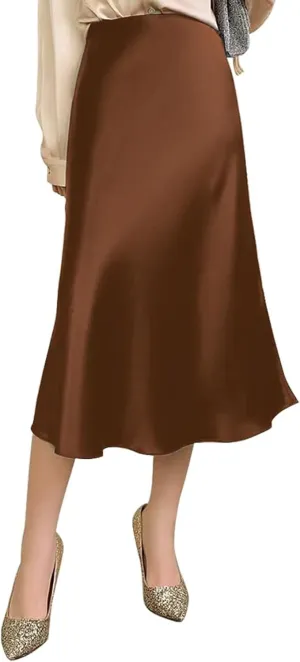 Womens Silky Satin Midi Skirt High Waist Elastic Waist A Line Skirt