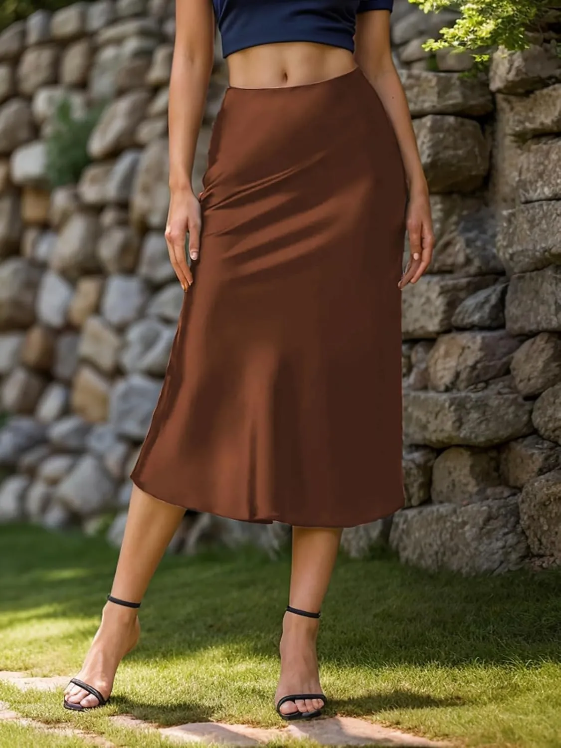 Womens Silky Satin Midi Skirt High Waist Elastic Waist A Line Skirt