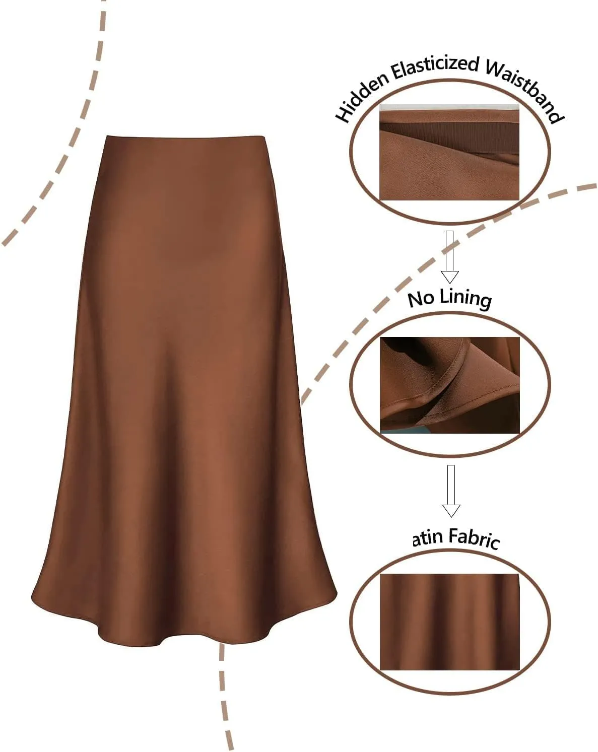 Womens Silky Satin Midi Skirt High Waist Elastic Waist A Line Skirt