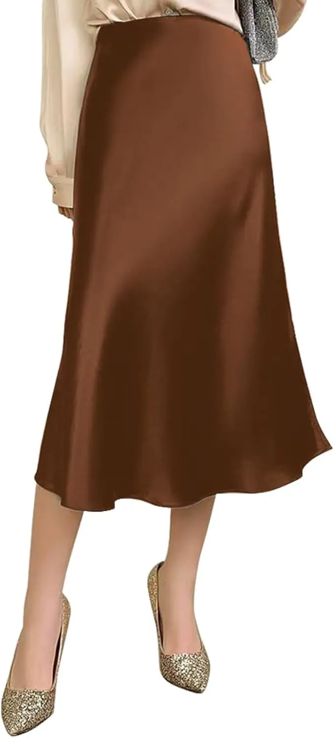 Womens Silky Satin Midi Skirt High Waist Elastic Waist A Line Skirt