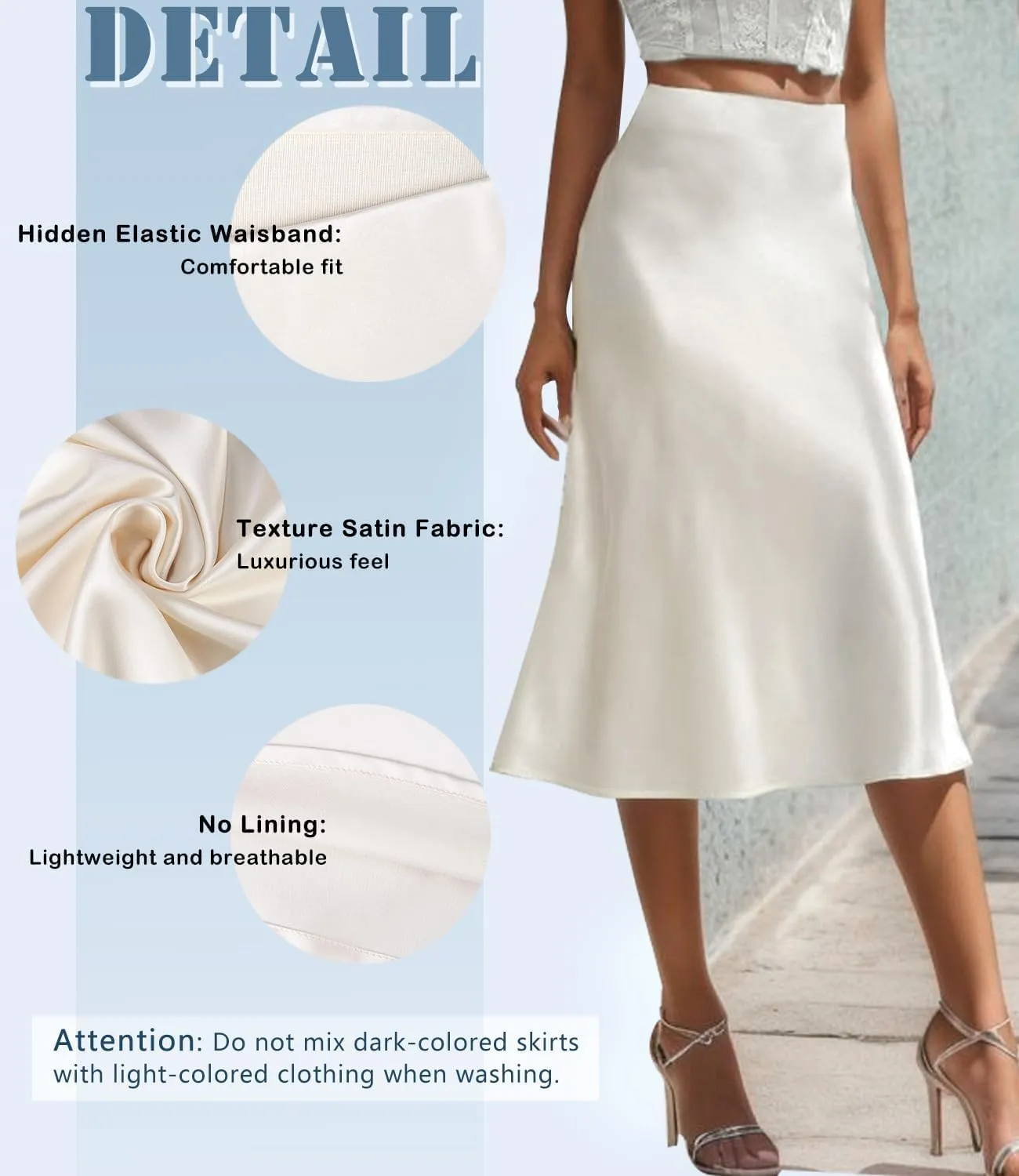 Womens Silky Satin Midi Skirt High Waist Elastic Waist A Line Skirt