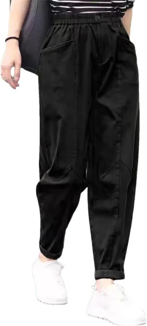Women's Solid Pockets Cotton Slim Elastic Waist Casual Harem Trousers Pants