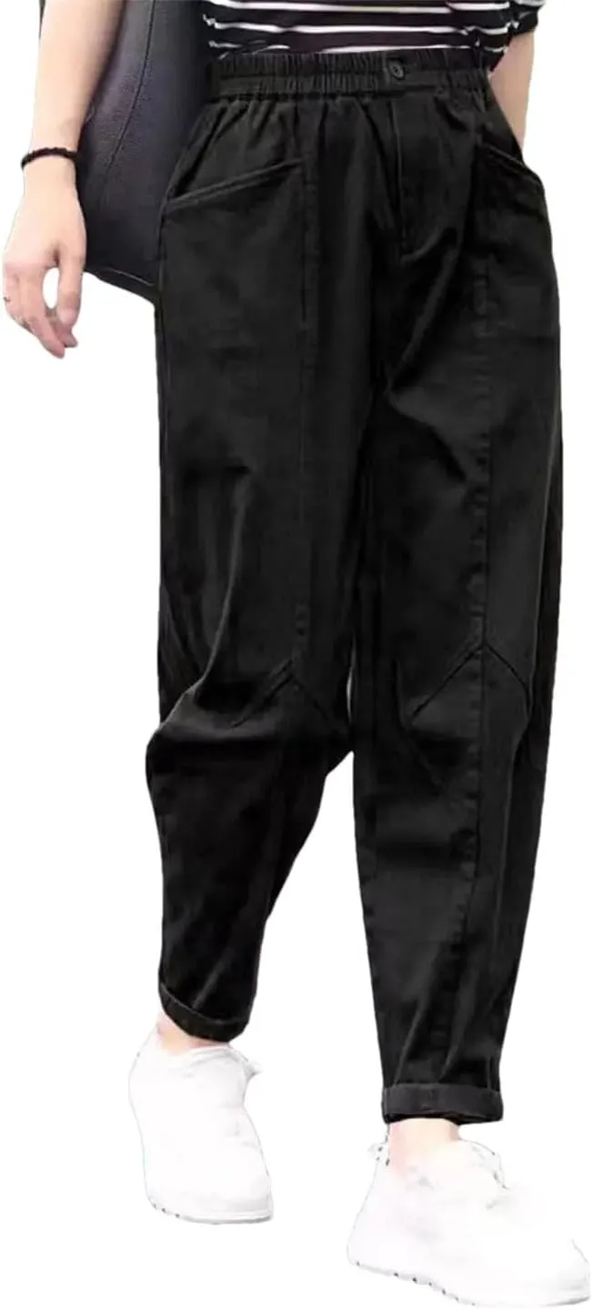 Women's Solid Pockets Cotton Slim Elastic Waist Casual Harem Trousers Pants