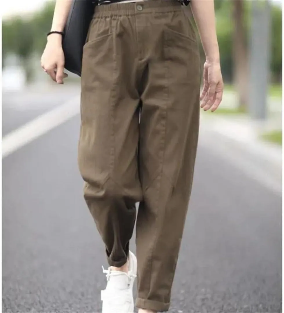 Women's Solid Pockets Cotton Slim Elastic Waist Casual Harem Trousers Pants