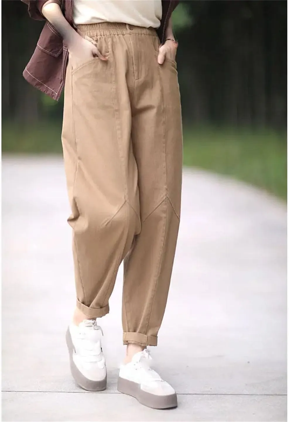 Women's Solid Pockets Cotton Slim Elastic Waist Casual Harem Trousers Pants