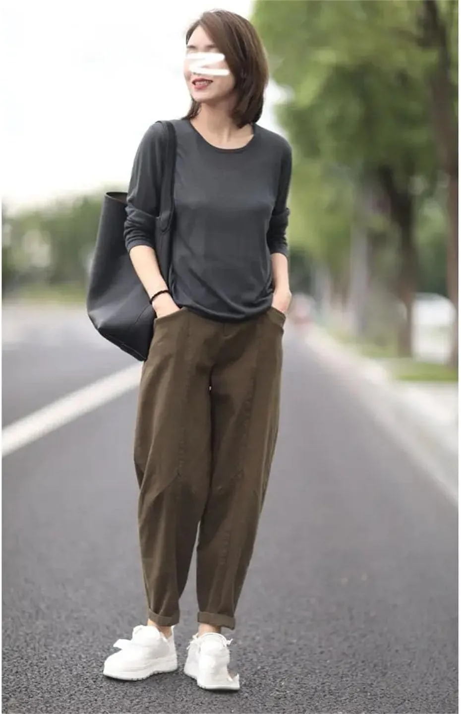 Women's Solid Pockets Cotton Slim Elastic Waist Casual Harem Trousers Pants