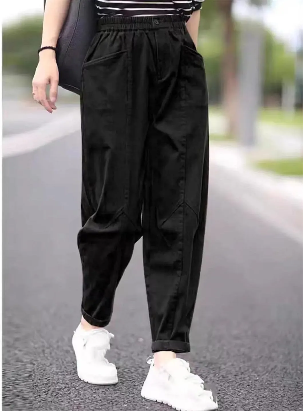 Women's Solid Pockets Cotton Slim Elastic Waist Casual Harem Trousers Pants
