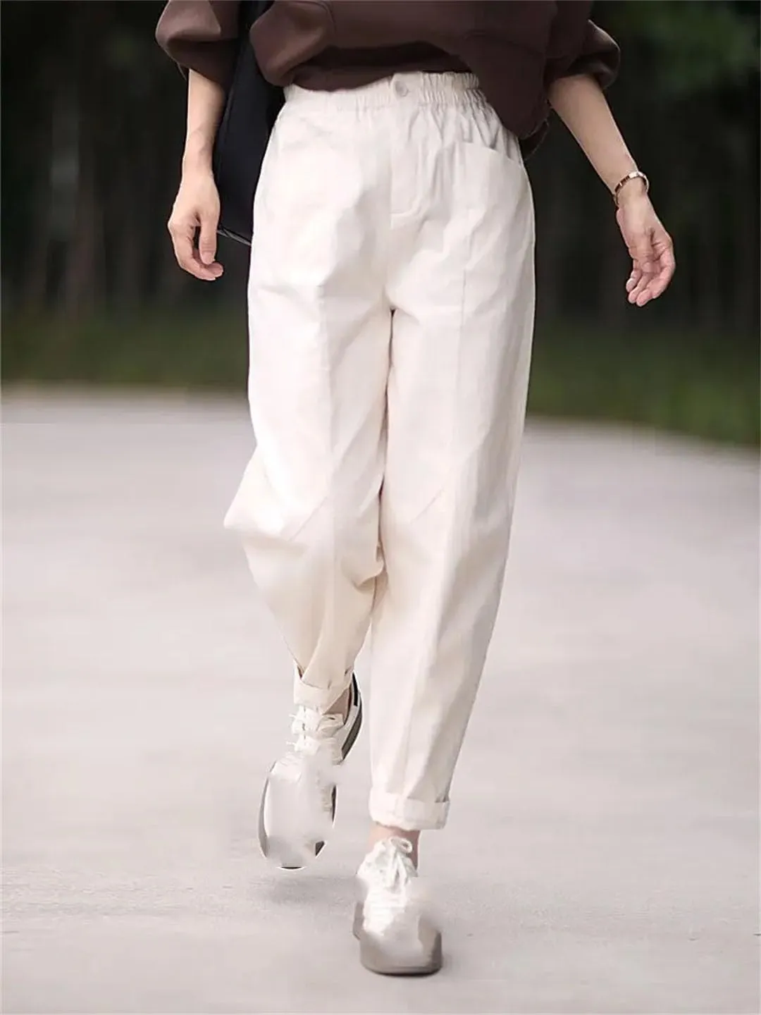 Women's Solid Pockets Cotton Slim Elastic Waist Casual Harem Trousers Pants