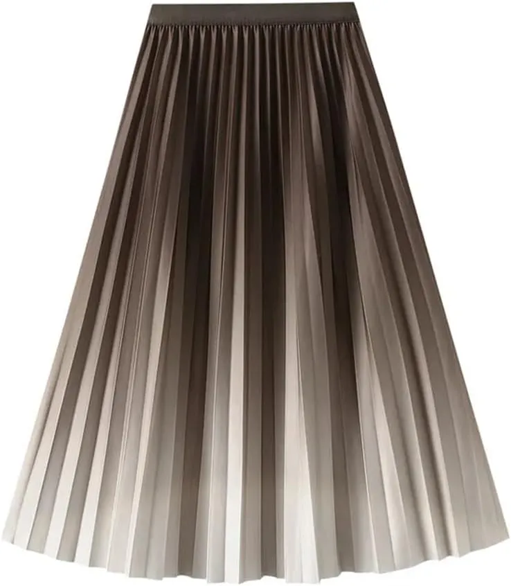 Women's Spring Gradient Color Elastic High Waist Pleated A-Line Midi Skirt