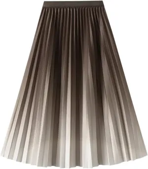 Women's Spring Gradient Color Elastic High Waist Pleated A-Line Midi Skirt