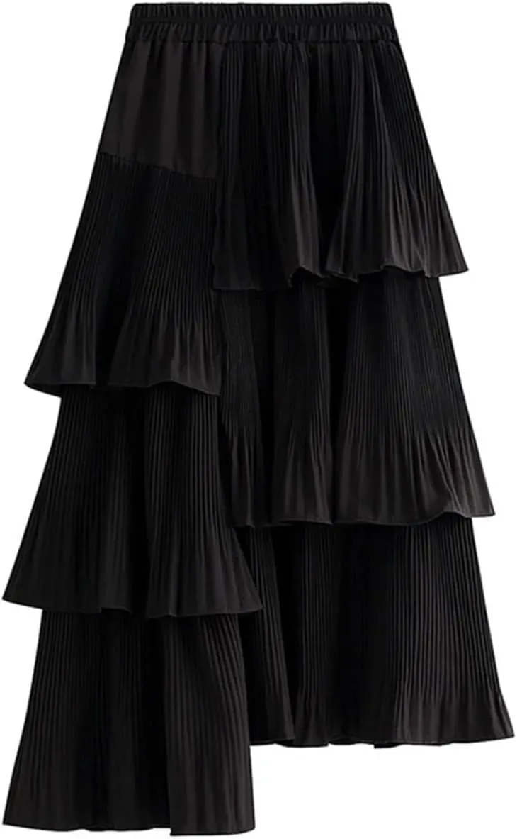 Women's Spring Long Asymmetric Pleated Cake Skirt Ruffle Irregular Midi Skirts