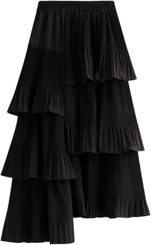 Women's Spring Long Asymmetric Pleated Cake Skirt Ruffle Irregular Midi Skirts