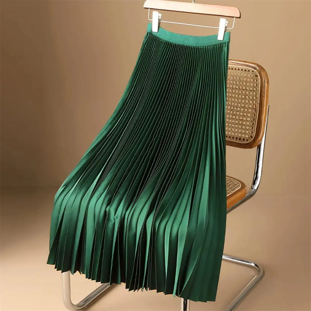 Women's Spring Solid A-Line Midi Skirt Elegant Elastic High Waist Long Pleated Skirt