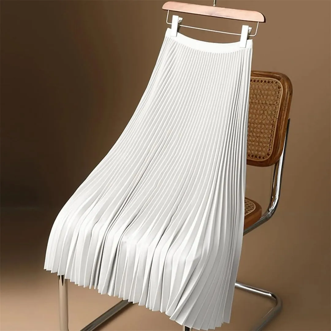 Women's Spring Solid A-Line Midi Skirt Elegant Elastic High Waist Long Pleated Skirt