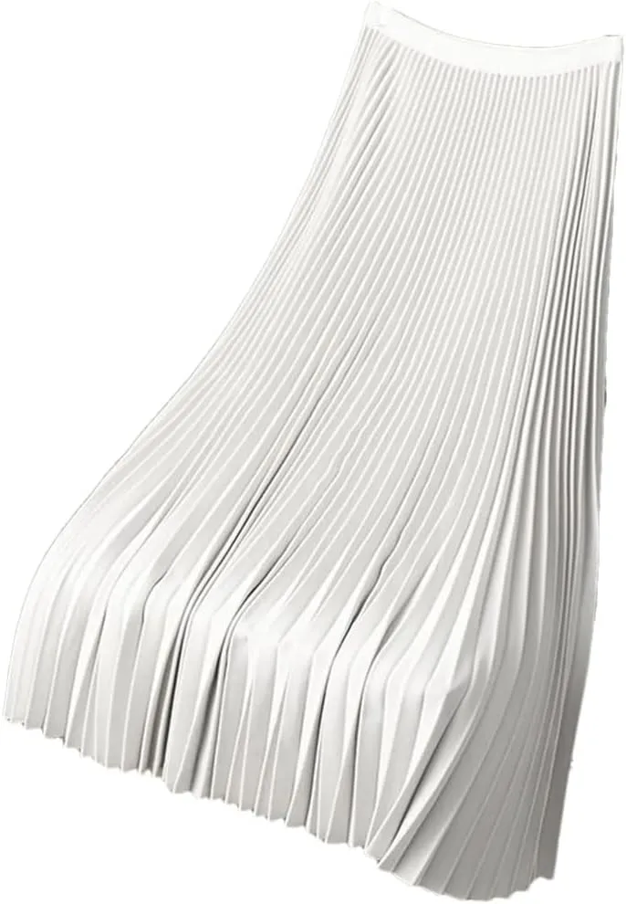 Women's Spring Solid A-Line Midi Skirt Elegant Elastic High Waist Long Pleated Skirt