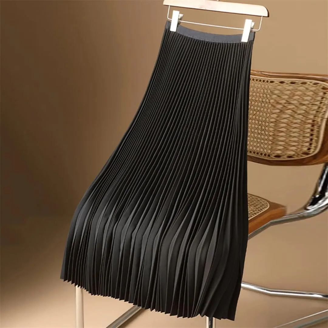 Women's Spring Solid A-Line Midi Skirt Elegant Elastic High Waist Long Pleated Skirt