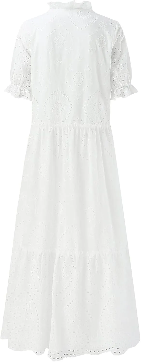 Women's Summer Boho Floral Maxi Dresses V Neck Flowy Casual Ruffle Tiered Beach Vacation Wedding Long Tshirt Dress