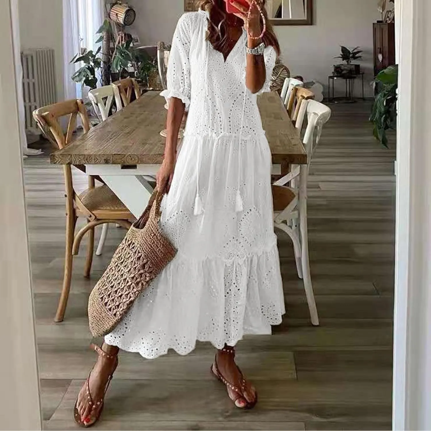 Women's Summer Boho Floral Maxi Dresses V Neck Flowy Casual Ruffle Tiered Beach Vacation Wedding Long Tshirt Dress