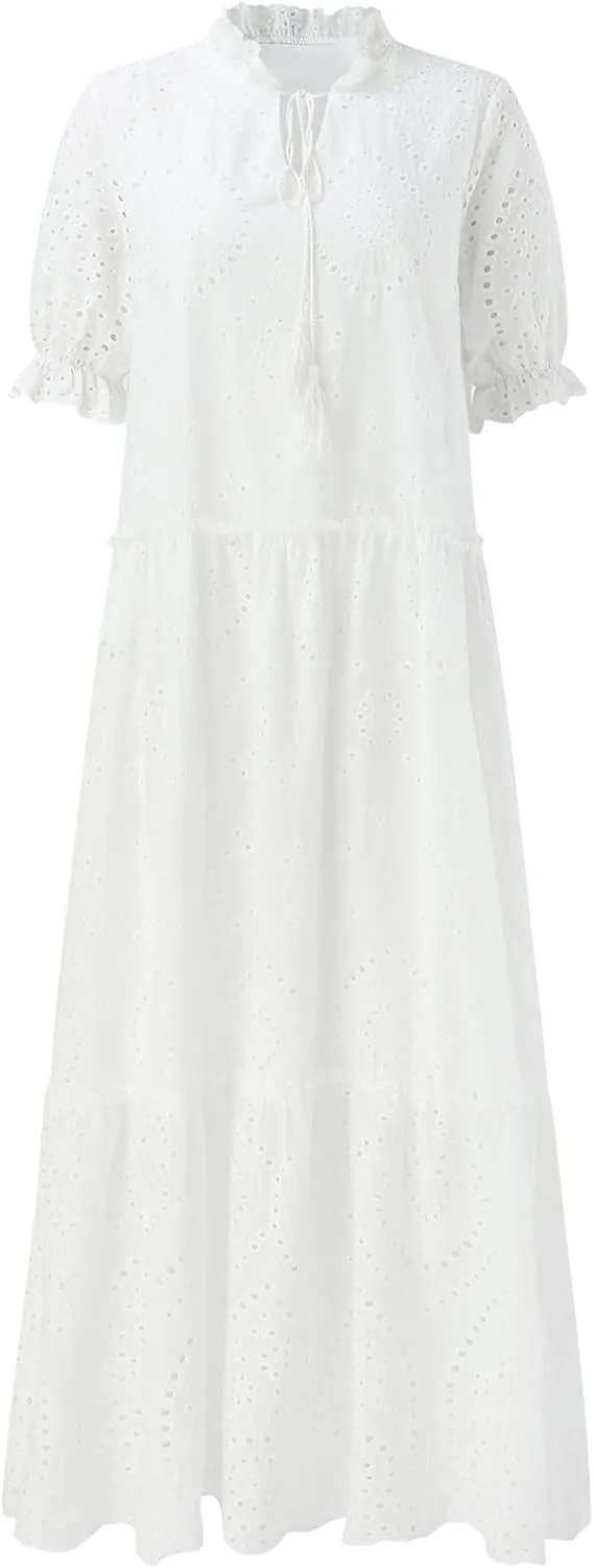 Women's Summer Boho Floral Maxi Dresses V Neck Flowy Casual Ruffle Tiered Beach Vacation Wedding Long Tshirt Dress