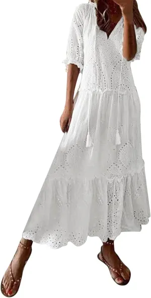 Women's Summer Boho Floral Maxi Dresses V Neck Flowy Casual Ruffle Tiered Beach Vacation Wedding Long Tshirt Dress