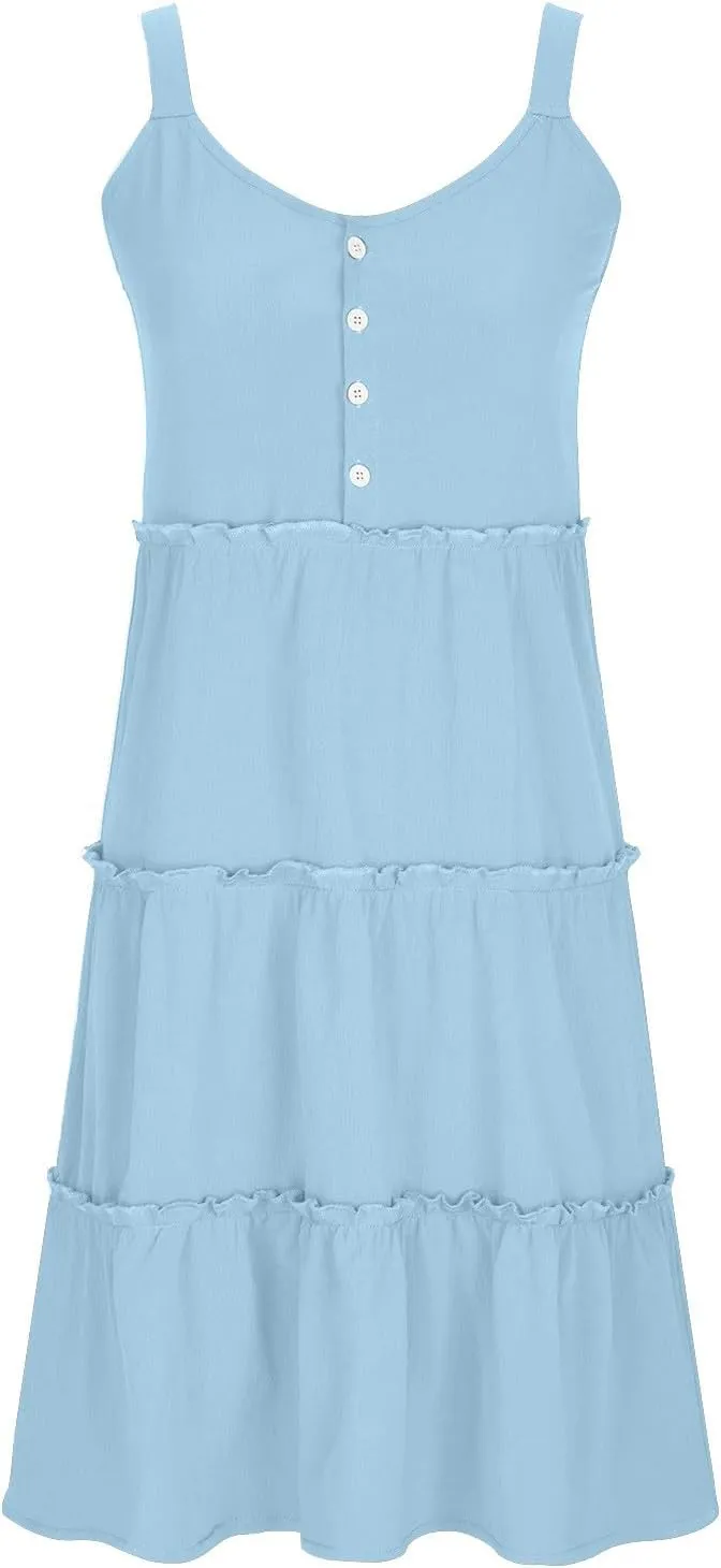 Women's Summer Casual Sleeveless Crew Neck Swing Dress Flowy Tiered Button Down Beach Sundress Ruffle Tiered Mini Dress