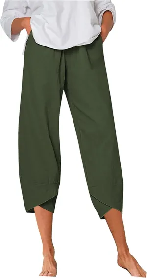 Women's Summer Cotton Linen Capri Pants Casual High Waist Cropped Trouser Tapered Leg Sweatpants Loose Workout Pants