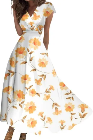 Womens Summer Dresses Maxi Dress Short Sleeve Womens Dresses with Sleeves Summer Flowy Cute