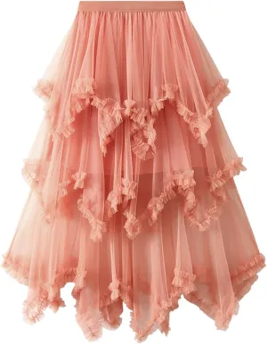 Women's Tulle Skirt A-Line Midi Skirts Irregular Underskirt Ladies Elegant Layered Skirt for Wedding Party Prom