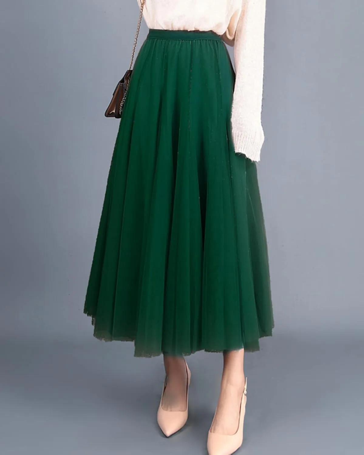 Women's Tulle Skirt Elastic High Waist Elegant Layered Pleated Mesh Flowy A-line Midi Skirt for Wedding Party