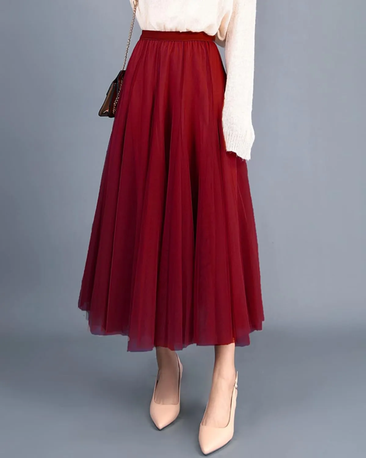 Women's Tulle Skirt Elastic High Waist Elegant Layered Pleated Mesh Flowy A-line Midi Skirt for Wedding Party
