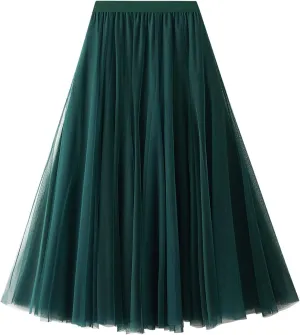 Women's Tulle Skirt Elastic High Waist Elegant Layered Pleated Mesh Flowy A-line Midi Skirt for Wedding Party