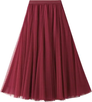 Women's Tulle Skirt Elastic High Waist Elegant Layered Pleated Mesh Flowy A-line Midi Skirt for Wedding Party