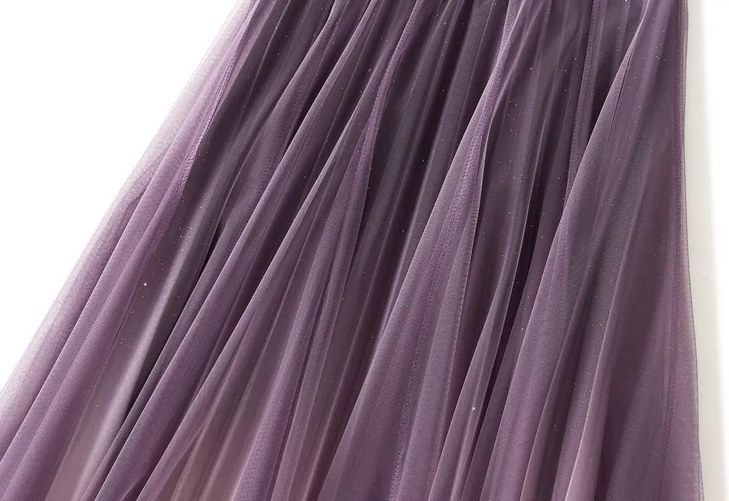 Women's Tulle Skirt Elegant Pleated Skirts Elastic Waist A-Line Swing Mesh Midi Skirt for Women