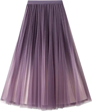 Women's Tulle Skirt Elegant Pleated Skirts Elastic Waist A-Line Swing Mesh Midi Skirt for Women