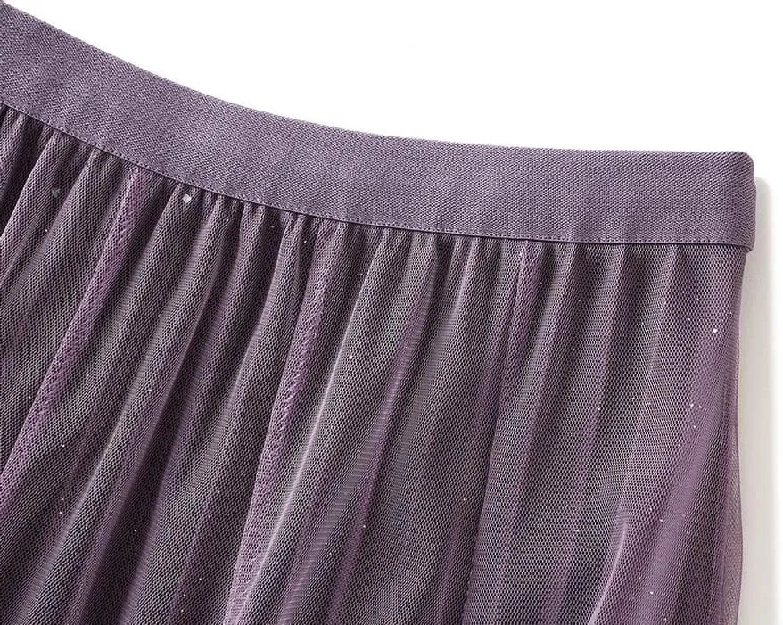 Women's Tulle Skirt Elegant Pleated Skirts Elastic Waist A-Line Swing Mesh Midi Skirt for Women