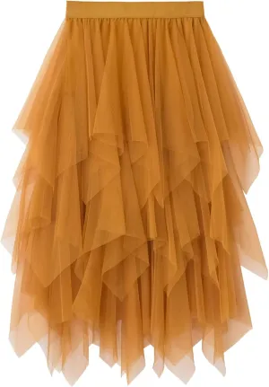 Women's Tulle Skirt Mesh Pleated Skirt Elastic High Waist Layered A-Line Swing Skirt Ladies Fashion Pleated Midi Skirt