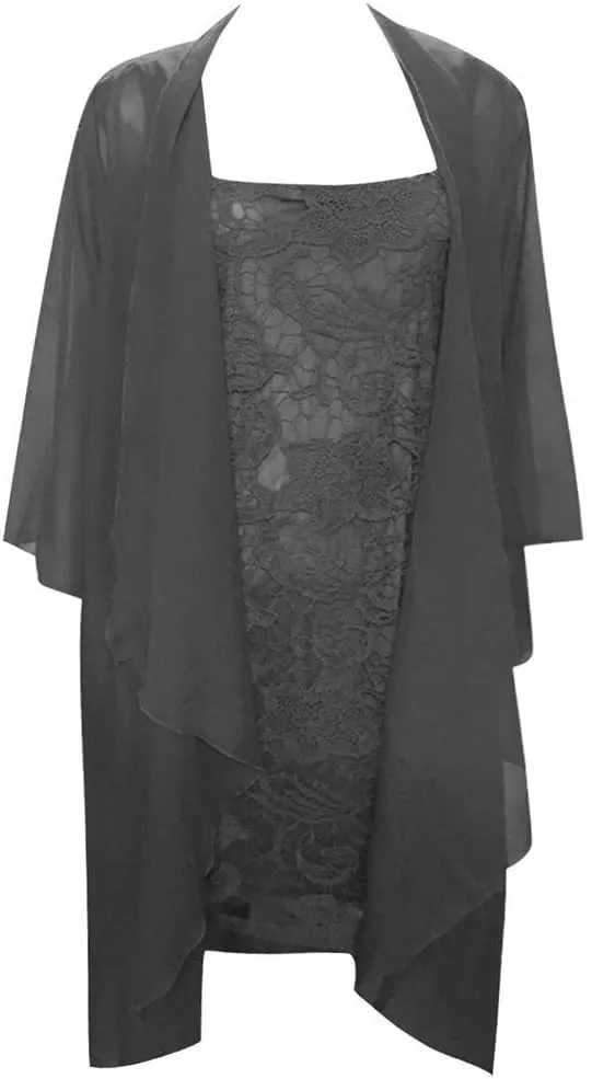 Womens Two Piece Outfits Midi Dress Lace Floral with Chiffon Jacket Sleeveless Crewneck Laced Wedding Guest Dresses
